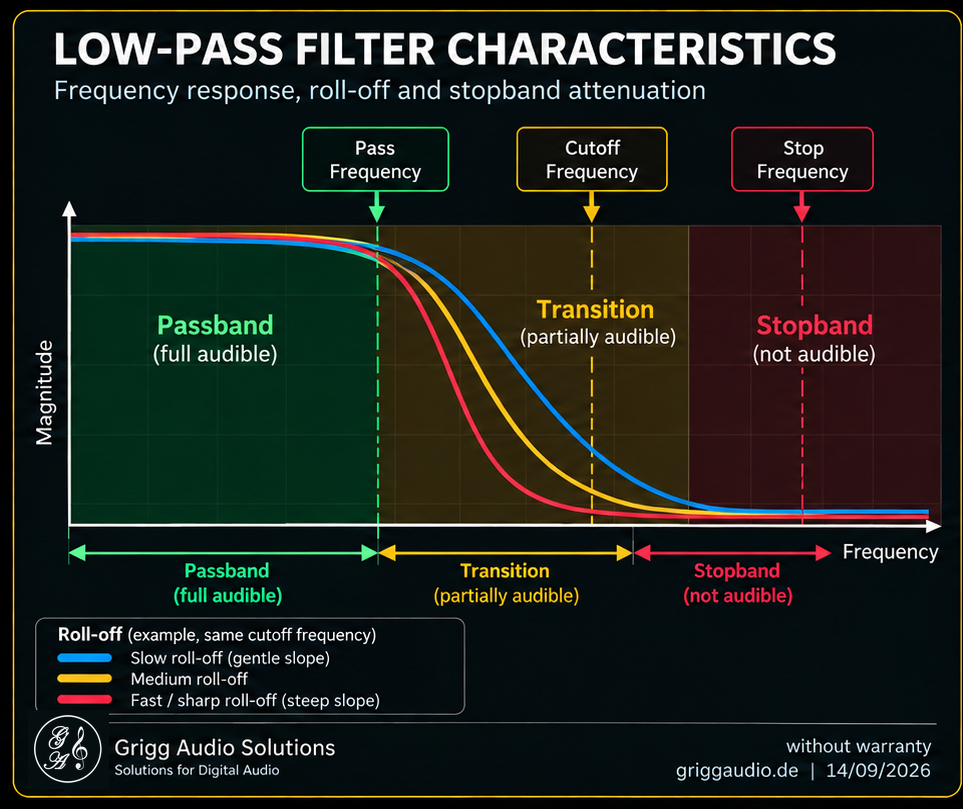 Schematischer Frequenzgang eines Low-Pass-Filters mit Passband, Transition, Roll-off und Stopband